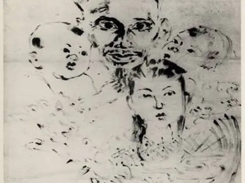 Bức tranh “Bác Hồ với ba cháu thiếu nhi Trung Nam Bắc” được vẽ bằng máu của họa sĩ Diệp Minh Châu.